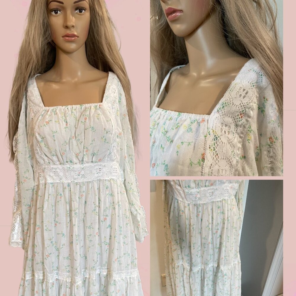 Gunne Sax Inspired White Cottagecore Prairie Dress Lace Trim Milkmaid Gown